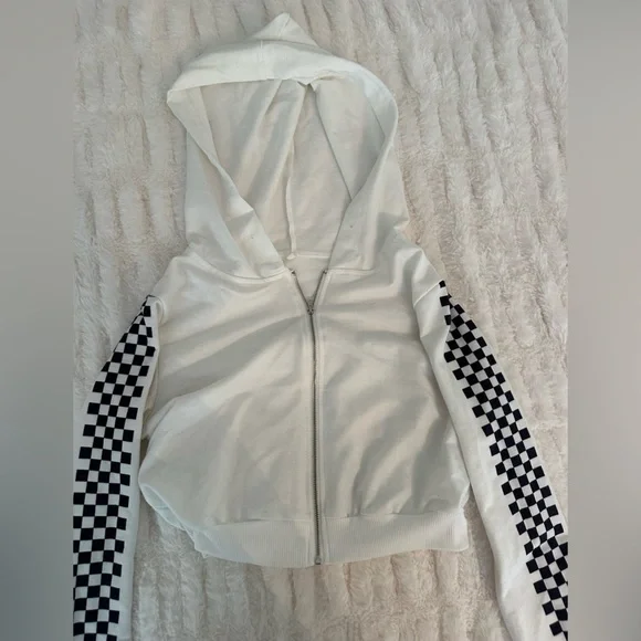 Zaful White Checkered Sleeve Hoodie Size S - Picture 2 of 4